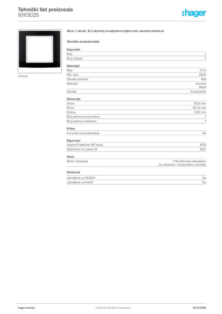 Slika Hager Product data sheet 10113025  | Hager