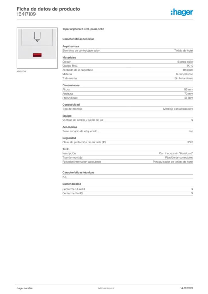 Imagen Hager Ficha de datos de producto 16417109 | Hager España