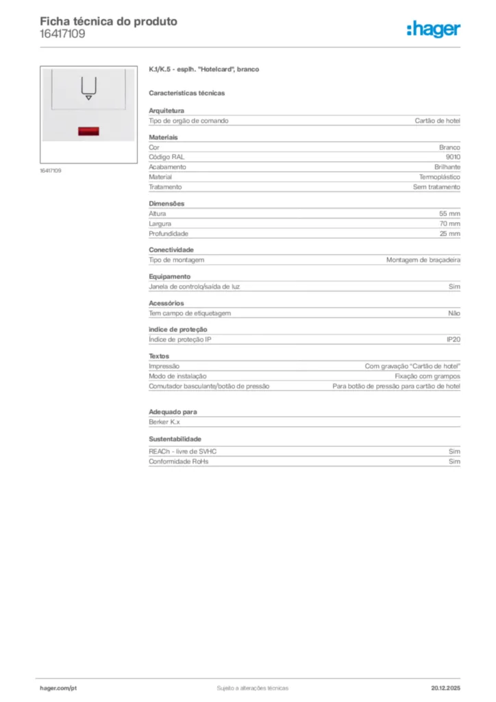 Imagem Hager Ficha técnica do produto 16417109 | Hager Portugal