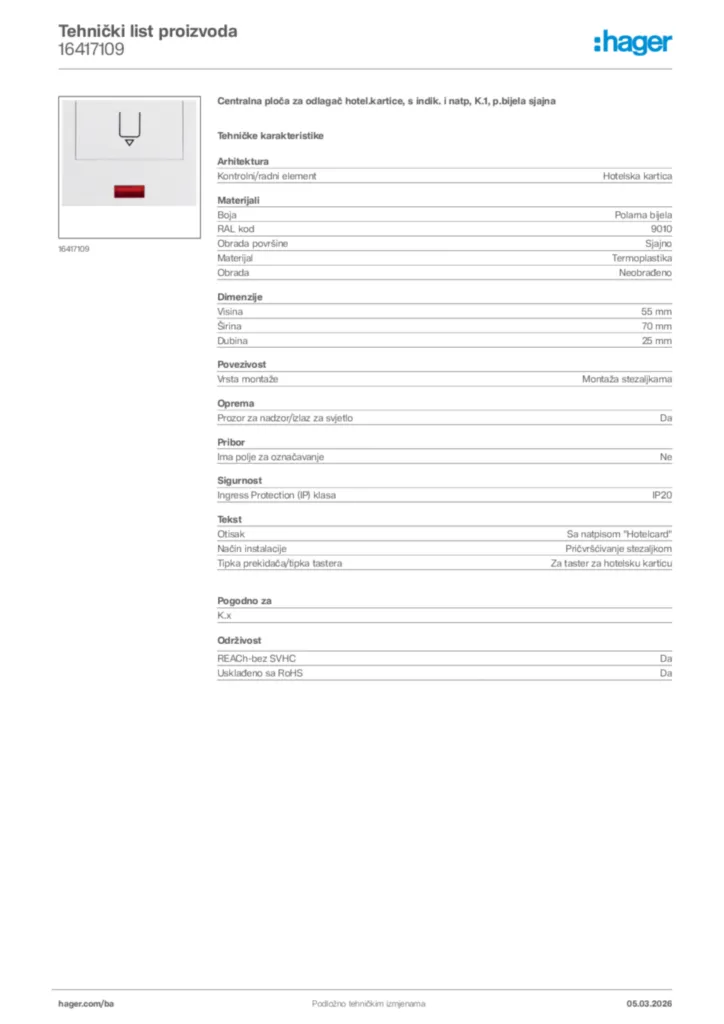 Slika Hager Tehnički list proizvoda 16417109  | Hager