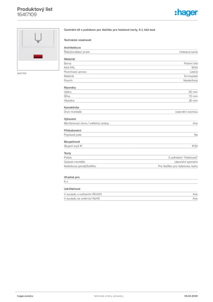 Obrázek Hager Product data sheet 16417109 | Hager