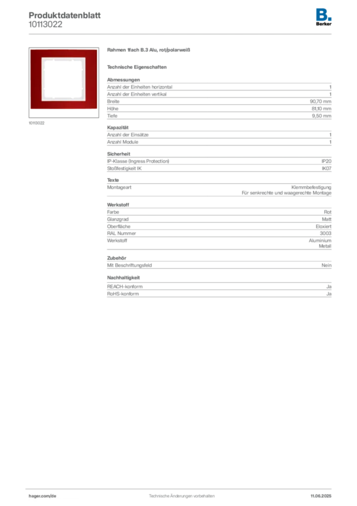 Bild Berker Produktdatenblatt 10113022 | Hager Deutschland