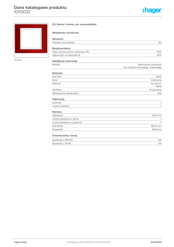 Zdjęcie Hager Dane katalogowe produktu 10113022 | Hager Polska