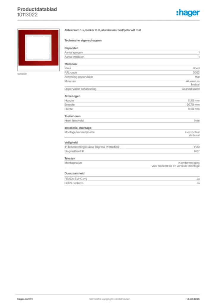 Afbeelding Hager Productdatablad 10113022 | Hager Nederland