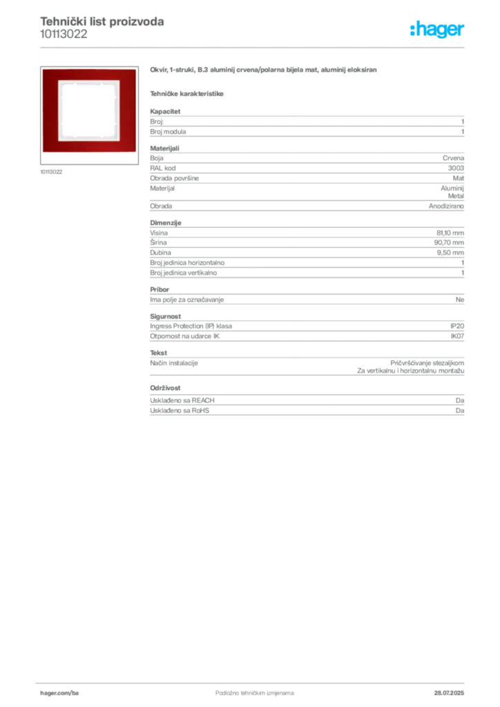 Slika Hager Product data sheet 10113022  | Hager