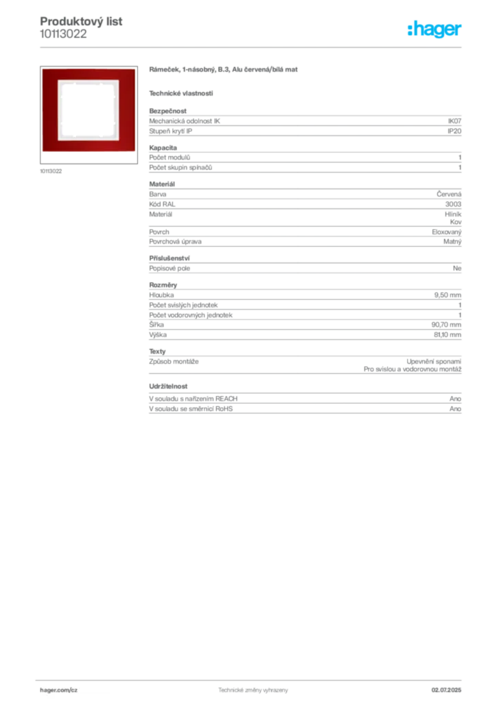 Obrázek Hager Produktový list 10113022 | Hager