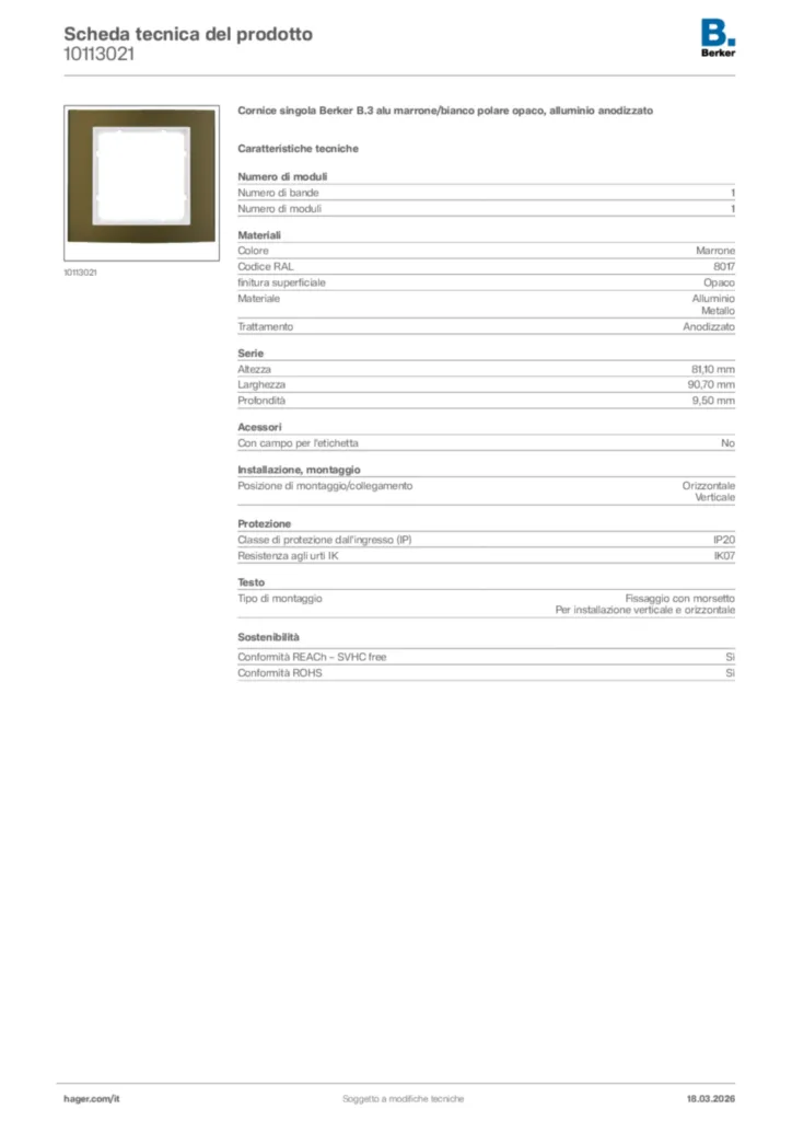 Immagine Berker Scheda tecnica del prodotto 10113021 | Hager Italia