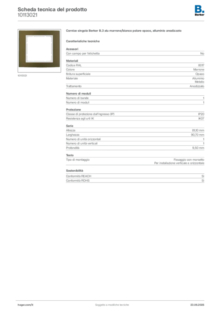 Immagine Berker Scheda tecnica del prodotto 10113021 | Hager Italia