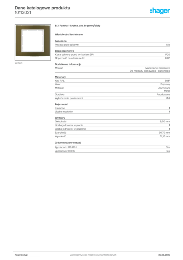 Zdjęcie Hager Dane katalogowe produktu 10113021 | Hager Polska