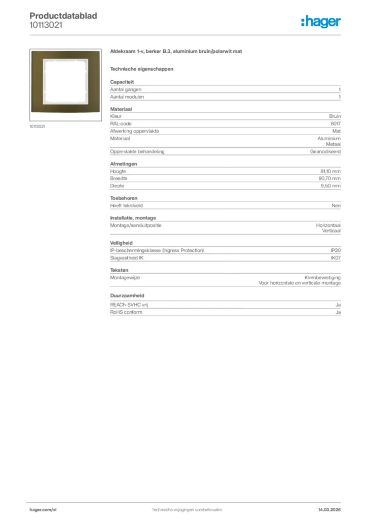 Afbeelding Hager Productdatablad 10113021 | Hager Nederland