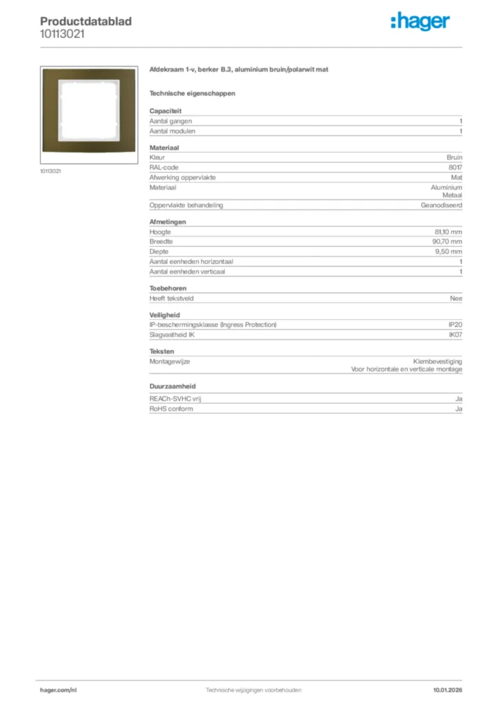Afbeelding Hager Productdatablad 10113021 | Hager Nederland