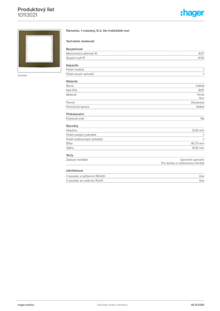 Obrázek Hager Produktový list 10113021 | Hager