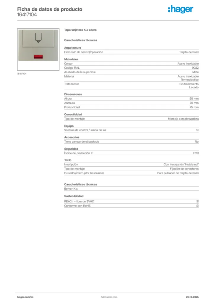 Imagen Hager Ficha de datos de producto 16417104 | Hager España