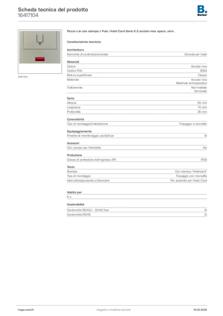 Immagine Berker Scheda tecnica del prodotto 16417104 | Hager Italia