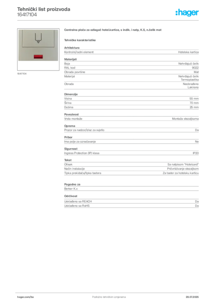 Slika Hager Product data sheet 16417104  | Hager
