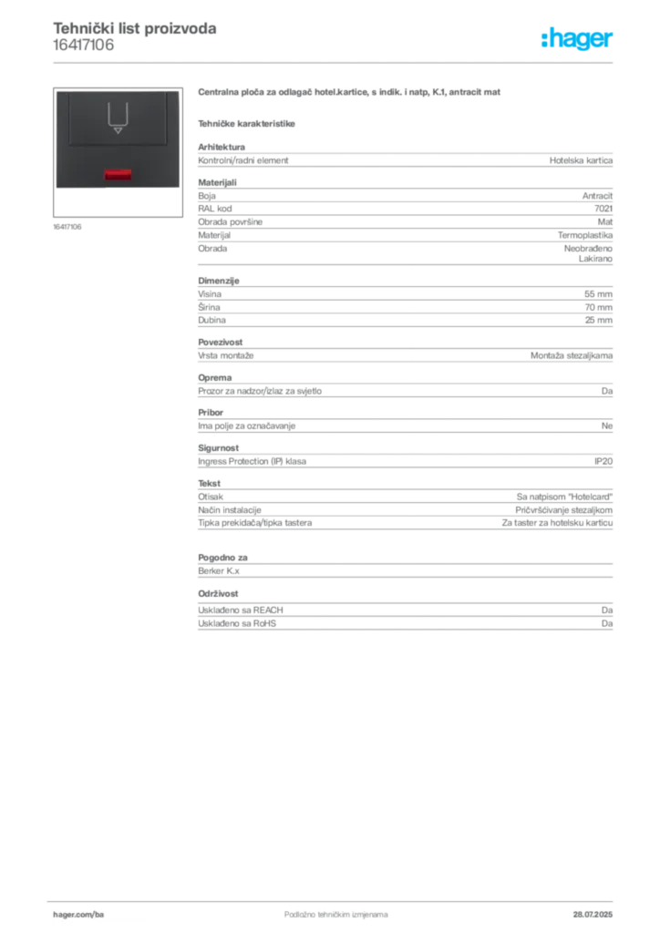 Slika Hager Product data sheet 16417106  | Hager