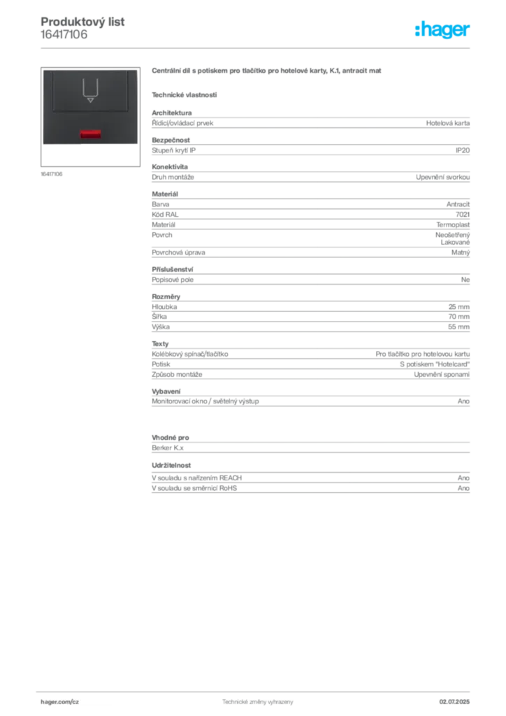 Obrázek Hager Produktový list 16417106 | Hager