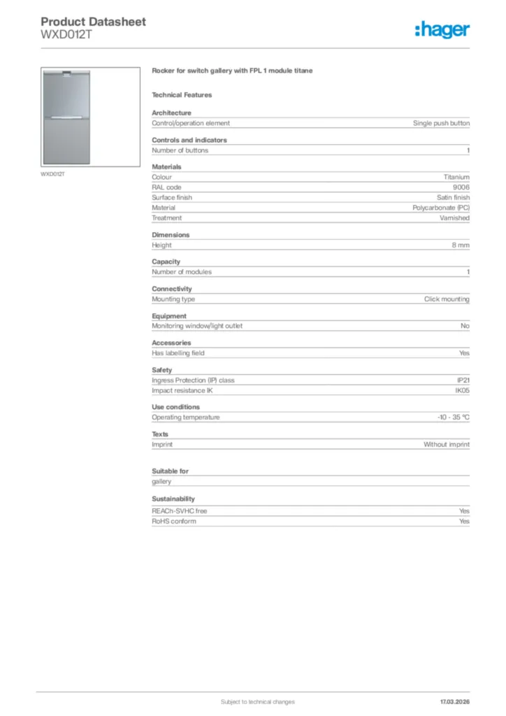 Image Hager Product data sheet WXD012T  | Hager Africa