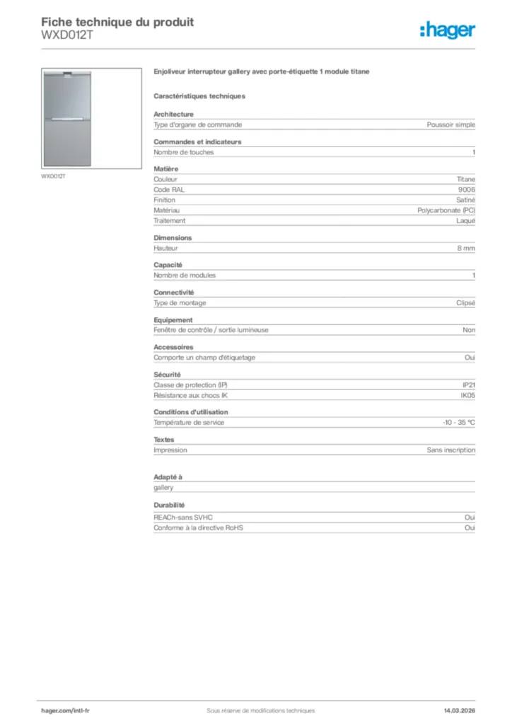 Image Hager Fiche technique du produit WXD012T | Hager Afrique