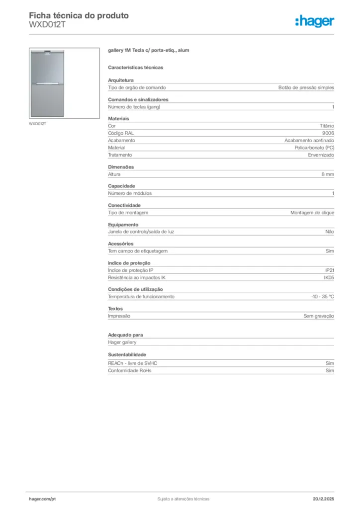 Imagem Hager Ficha técnica do produto WXD012T | Hager Portugal
