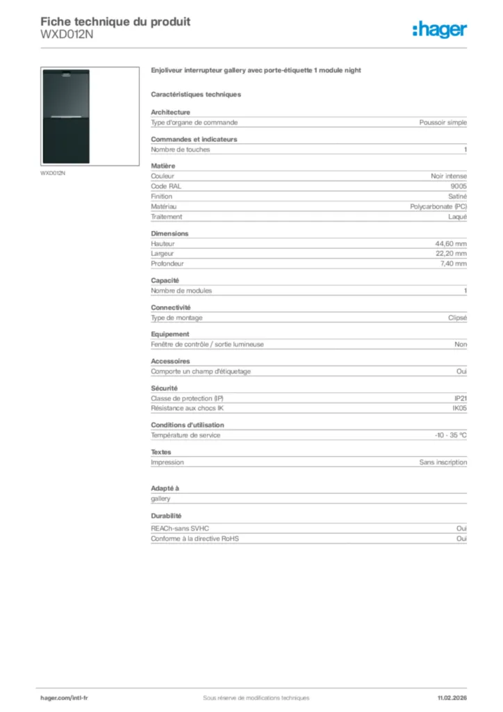 Image Hager Fiche technique du produit WXD012N | Hager Afrique
