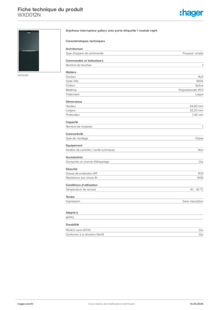 Image Hager Fiche technique du produit WXD012N | Hager France