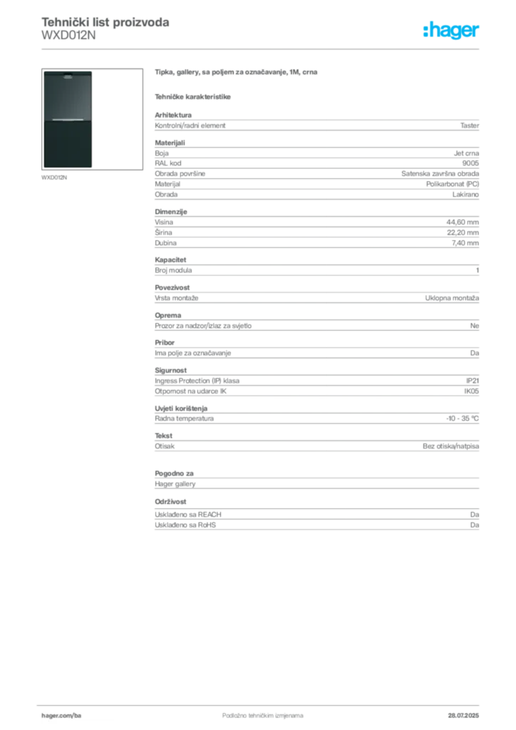 Slika Hager Product data sheet WXD012N  | Hager