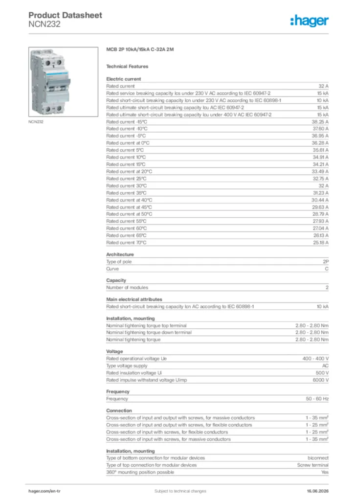 Image Hager Product data sheet NCN232  | Hager