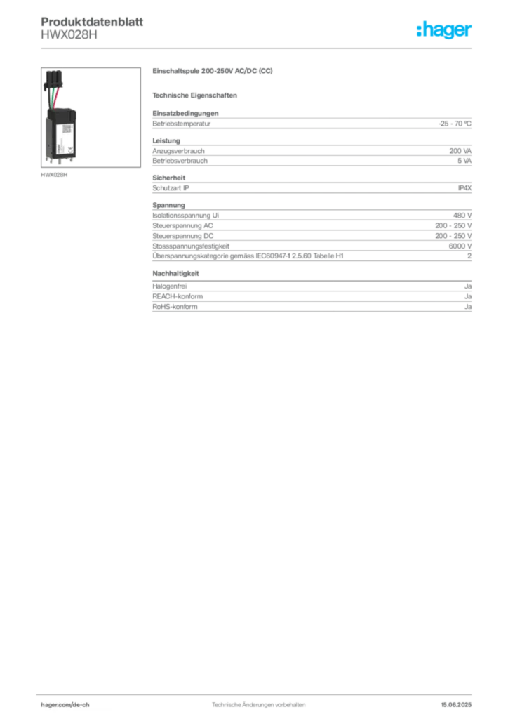 Bild Hager Produktdatenblatt HWX028H | Hager Schweiz
