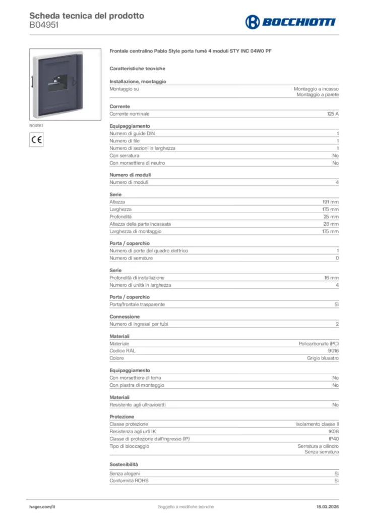 Immagine Bocchiotti Scheda tecnica del prodotto B04951 | Hager Italia