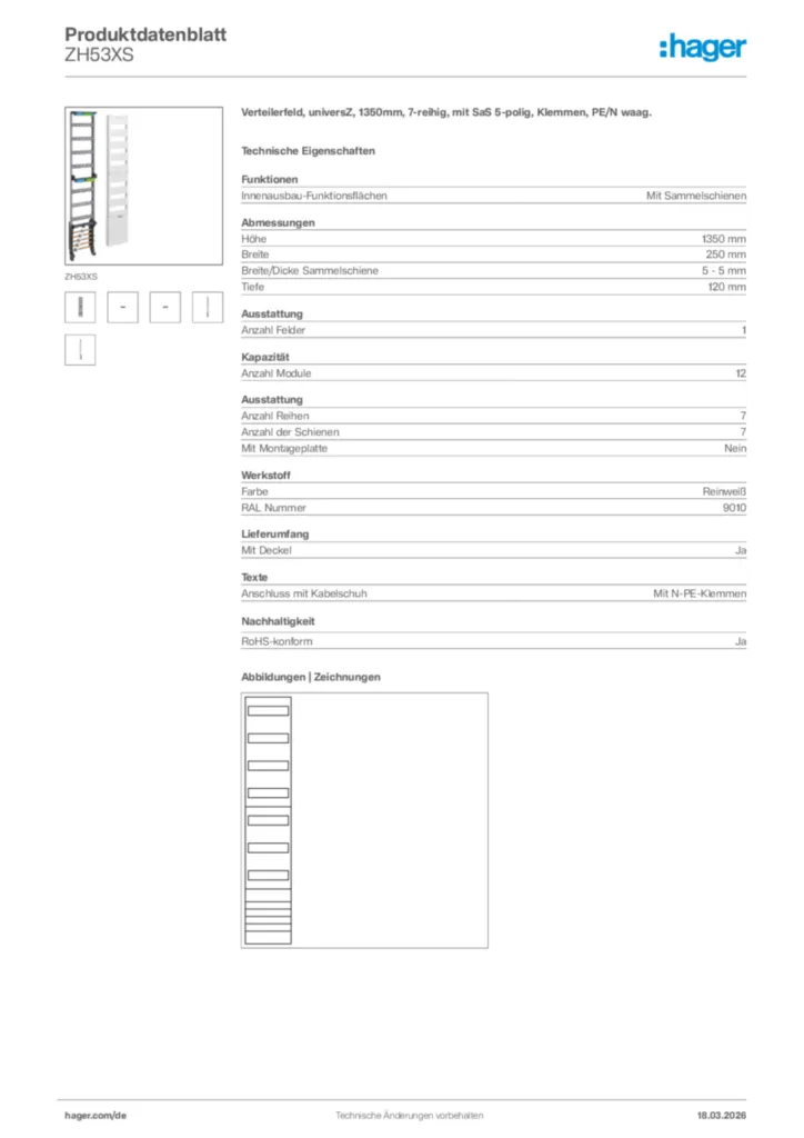 Bild Hager Produktdatenblatt ZH53XS | Hager Deutschland
