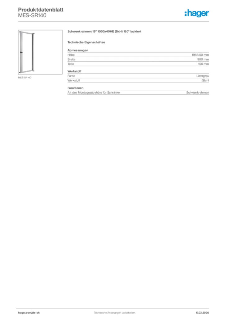 Bild Hager Produktdatenblatt MES-SR140 | Hager Schweiz