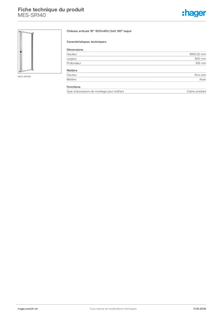 Image Hager Fiche technique du produit MES-SR140 | Hager Suisse