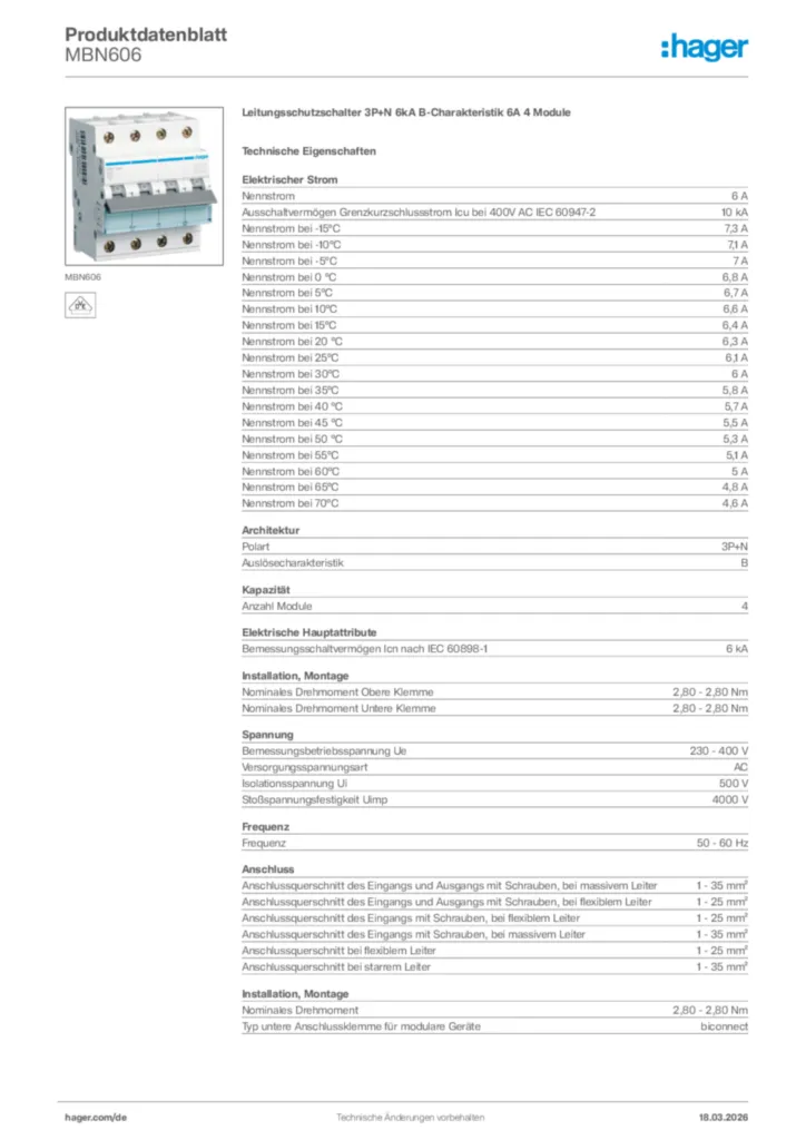 Bild Hager Produktdatenblatt MBN606 | Hager Deutschland