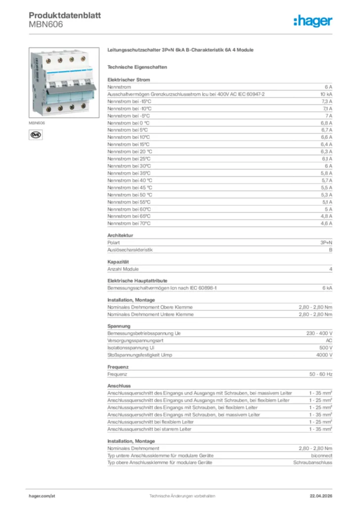 Bild Hager Produktdatenblatt MBN606 | Hager Deutschland