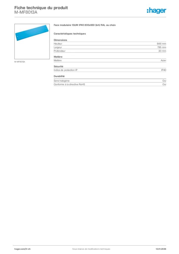 Image Hager Fiche technique du produit M-MF8013A | Hager Suisse