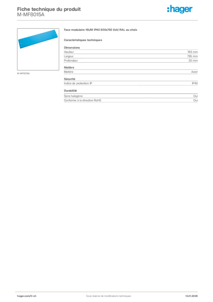 Image Hager Fiche technique du produit M-MF8015A | Hager Suisse