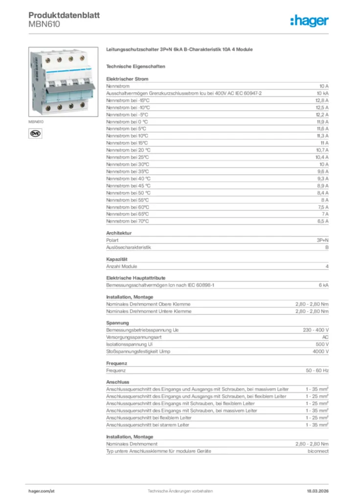 Bild Hager Produktdatenblatt MBN610 | Hager Deutschland