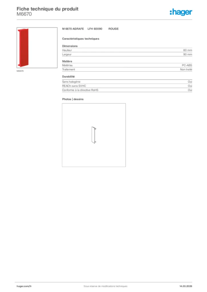 Image Hager Fiche technique du produit M6670 | Hager France