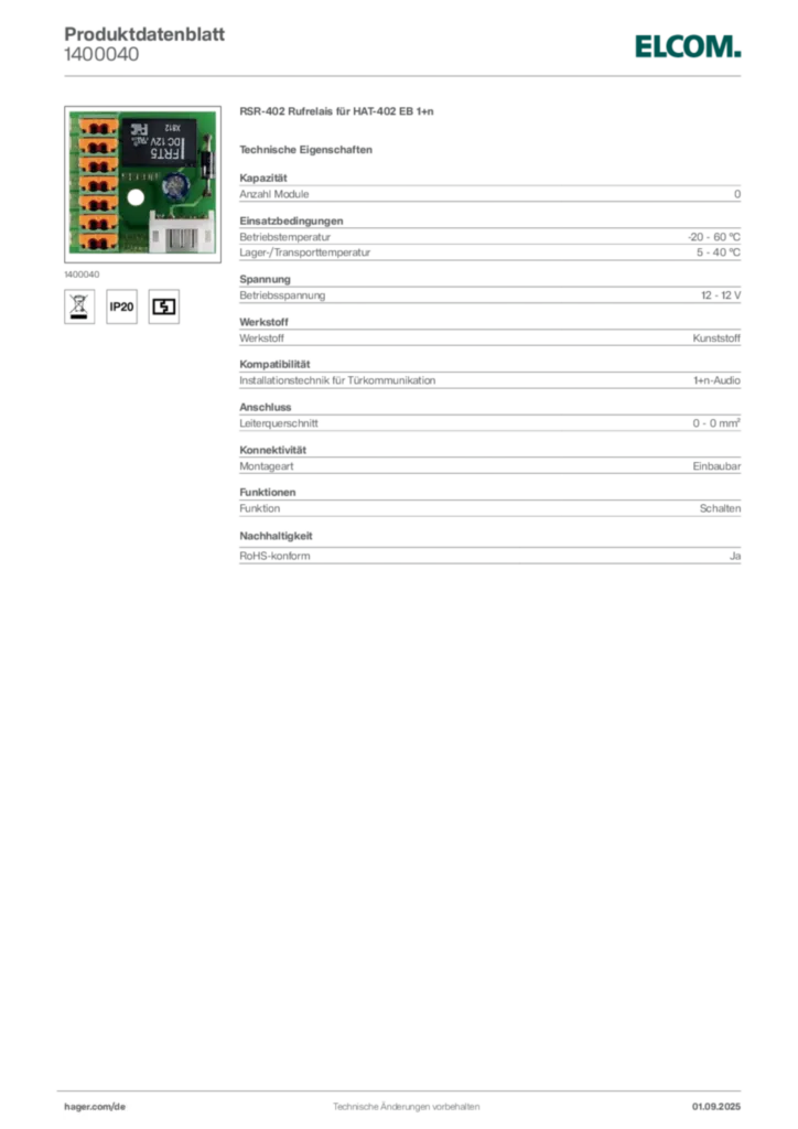 Bild Elcom Produktdatenblatt 1400040 | Hager Deutschland