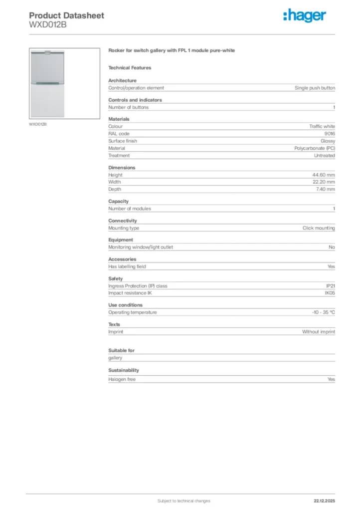 Image Hager Product data sheet WXD012B  | Hager Africa