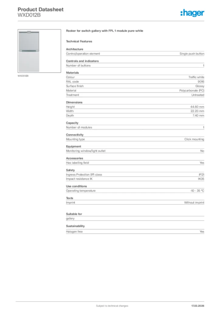 Image Hager Product data sheet WXD012B  | Hager Africa