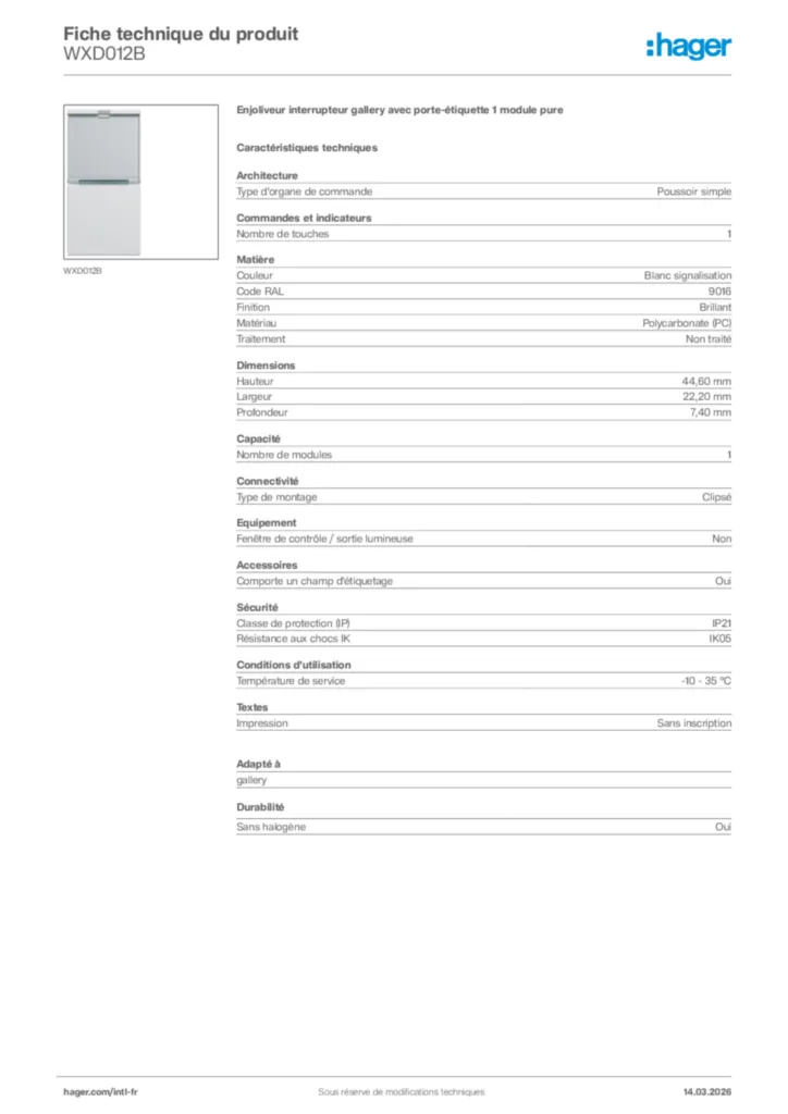 Image Hager Fiche technique du produit WXD012B | Hager Afrique