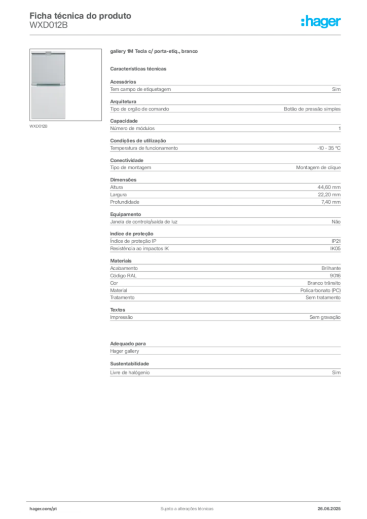 Imagem Hager Ficha técnica do produto WXD012B | Hager Portugal