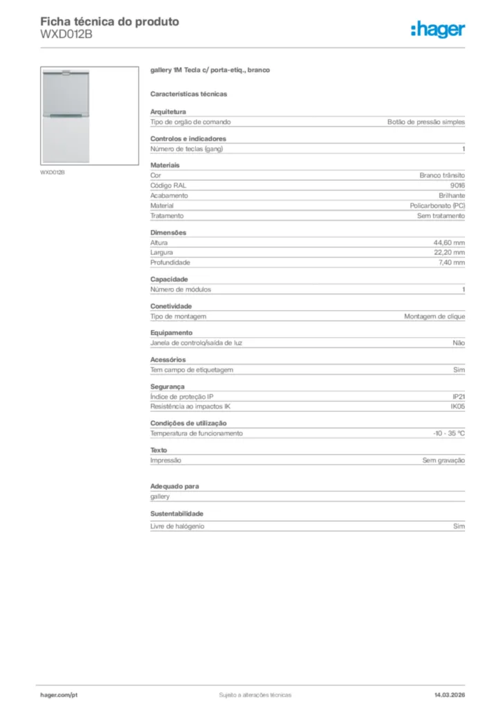 Imagem Hager Ficha técnica do produto WXD012B | Hager Portugal
