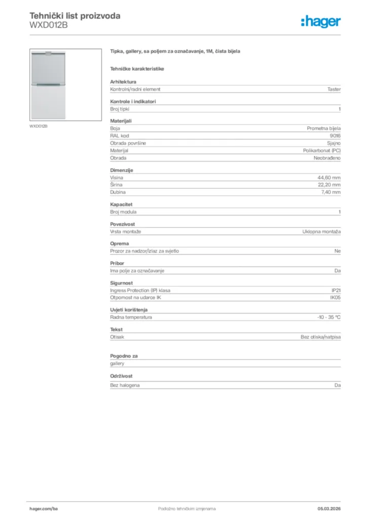 Slika Hager Tehnički list proizvoda WXD012B  | Hager