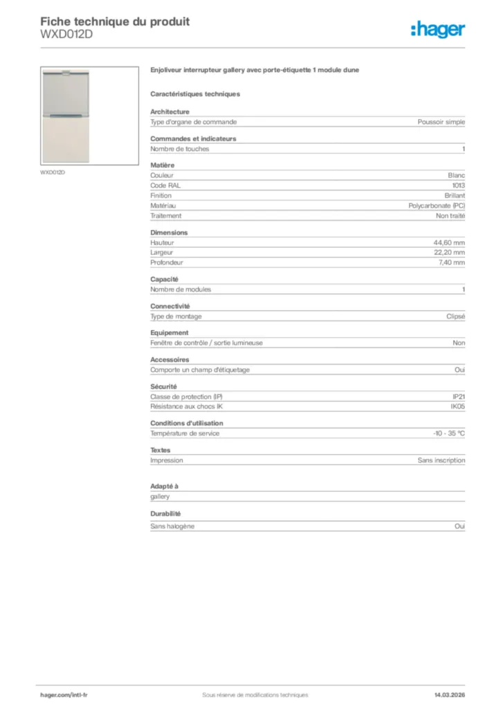 Image Hager Fiche technique du produit WXD012D | Hager Afrique