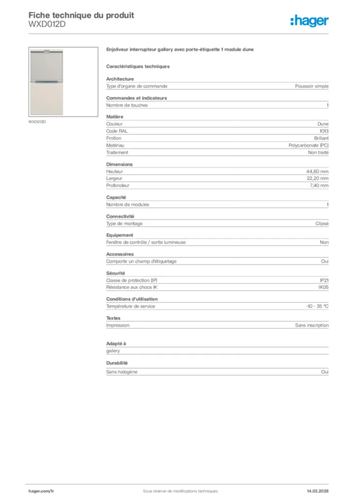 Image Hager Fiche technique du produit WXD012D | Hager France