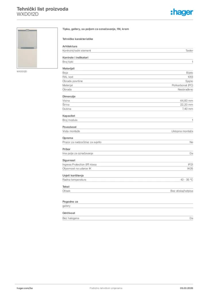 Slika Hager Tehnički list proizvoda WXD012D  | Hager
