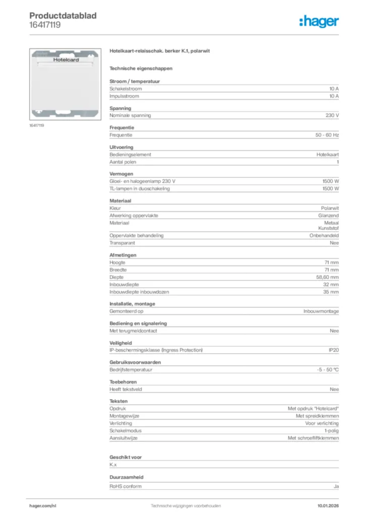 Afbeelding Hager Productdatablad 16417119 | Hager Nederland